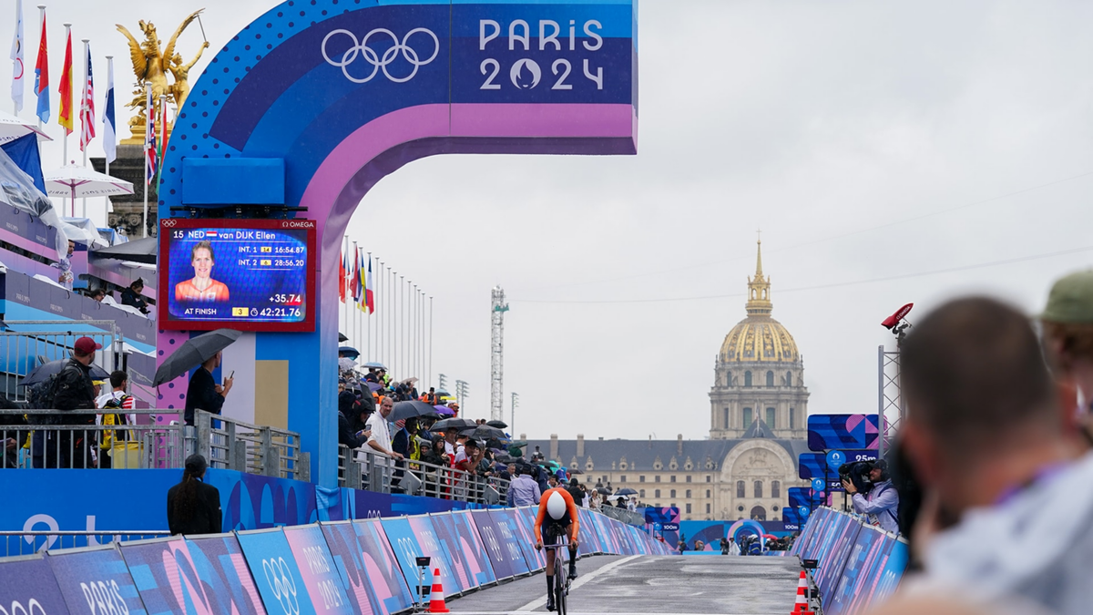 Ellen van Dijk competing in the Women's Individual Time Trial during Day 1 of cycling at the Paris Olympic Games.