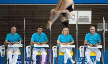 Judges look on as a diver descends in front of them.