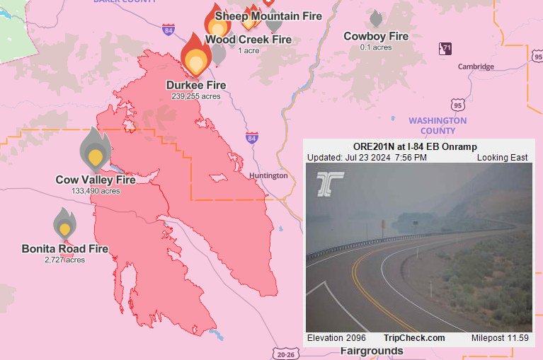 Durkee, Cow Valley fires have merged, covered over 400,000 acres, closing long stretch of I-84 in Eastern Oregon