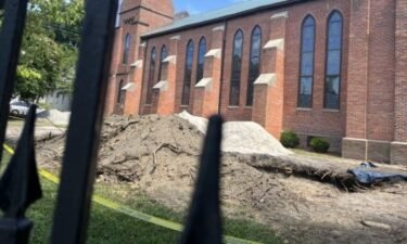 The grounds are dug up next to Christ Episcopal Church in Downtown Elizabeth City after centuries-old artifacts were found at the site.