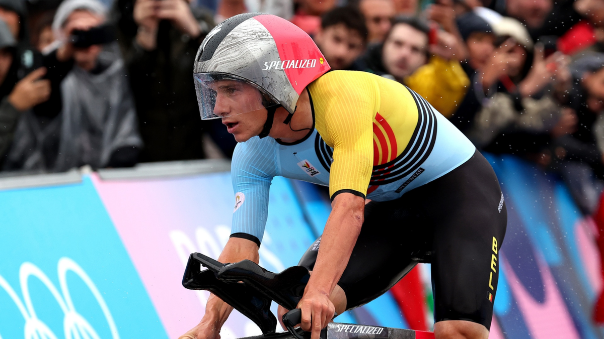 Remco Evenepoel of Belgium competes during the Men's Individual Time Trial on day one of the Paris Olympics at Pont Alexandre III on July 27