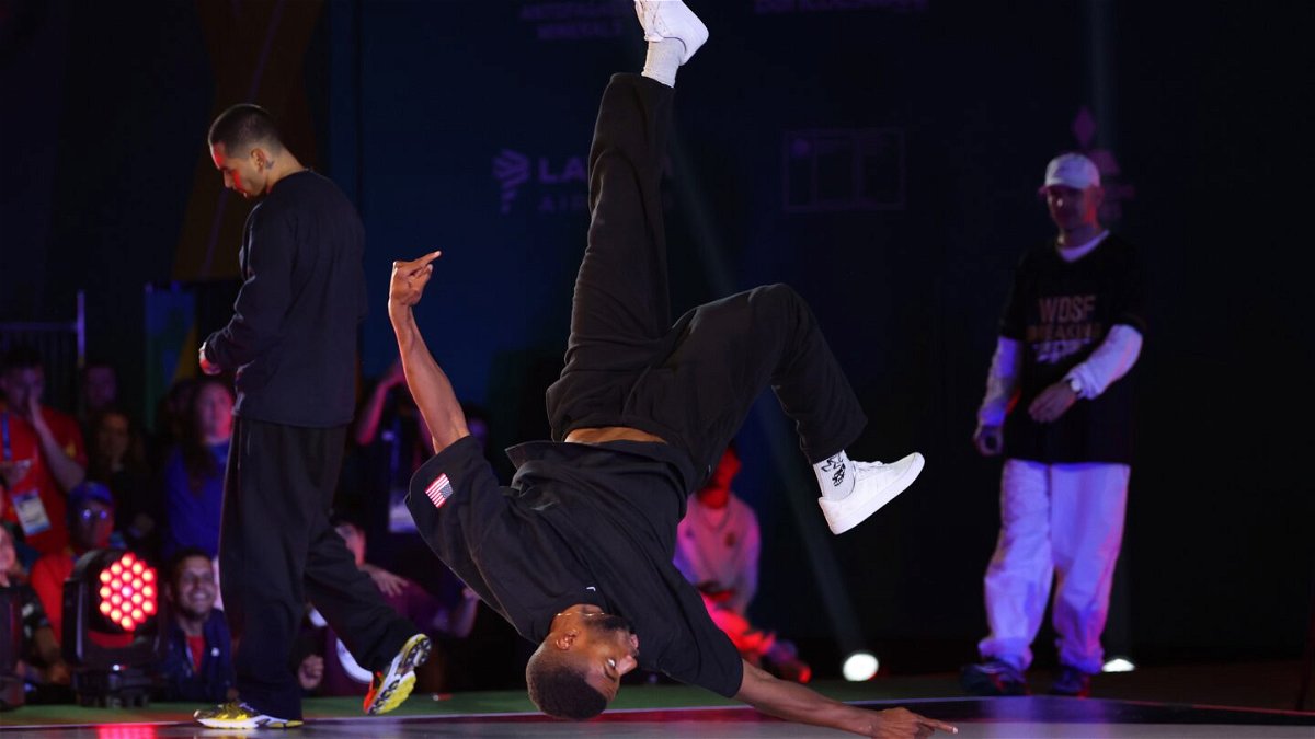 Jeffro of Team United States competes with Matita (not in frame) on Breaking - B-Boys Semifinals on Day 15 of Santiago 2023 Pan Am Games on November 04