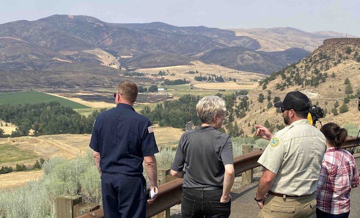 Governor Kotek views area burned by Larch Creek Fire in Wasco County during Sunday visit.
