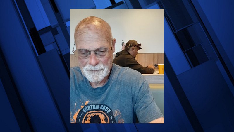 Bend Police released photo of missing Michigan visitor, James Wilson, 75, showing T-shirt he was believed to be wearing.