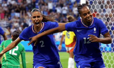 Marie-Antoinette Katoto (12) and Maelle Lakrar celebrate France goal vs Colombia