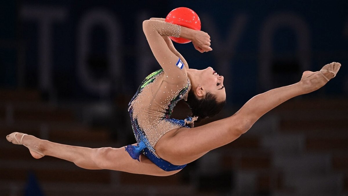 Israel's Linoy Ashram competes in the individual all-around final of the Rhythmic Gymnastics event during Tokyo 2020 Olympic Games