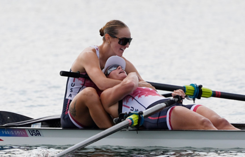 Azja Czajkowski and Jess Thoennes react after the women's pair semifinal rowing race during the Paris Olympic Games at Vaires-sur-Marne Nautical Stadium.