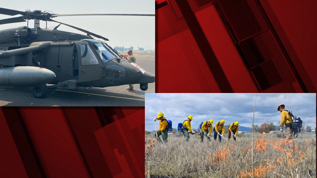 Oregon National Guard helicopter; Oregon National Guard firefighters in training last year in Klamath Falls