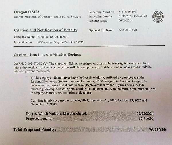 Oregon OSHA citation letter, notification of penalty to Bend-La Pine Schools.
