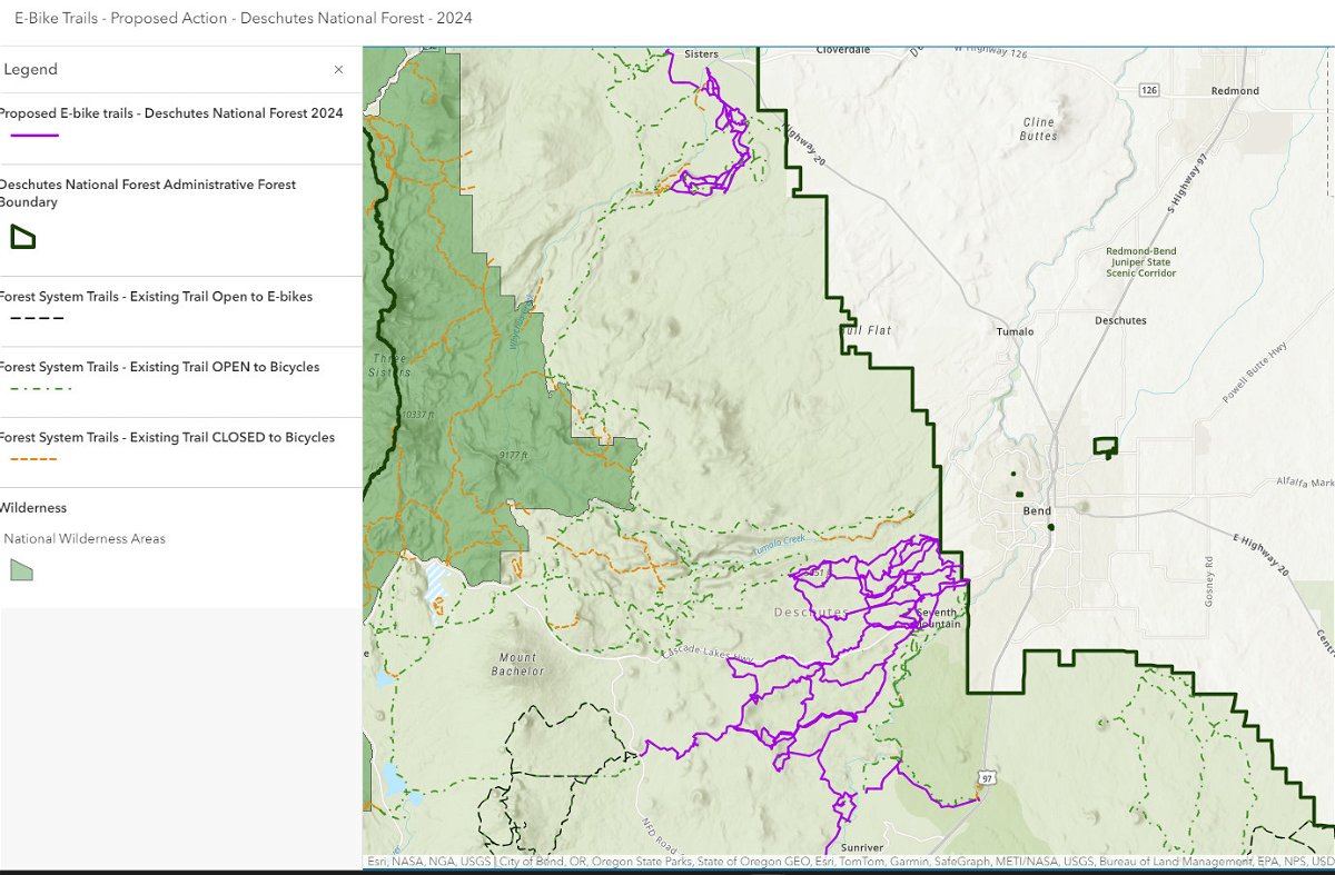 Map of proposed e-bike trails on Sisters, Bend-Fort Rock ranger districts