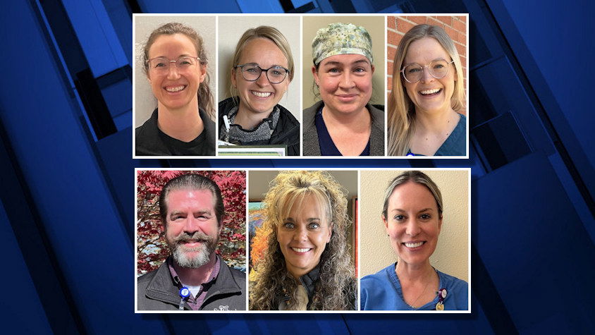 St. Charles nurses receiving the DAISY awards for extraordinary nursing care are, from left, Katie Pink, Krista Munns, Janna Raber-Stevens and Riley Schafer. Outstanding St. Charles nurse leaders Ryan Huebscher, Kelli Jo Hammack and Bethany Klier.