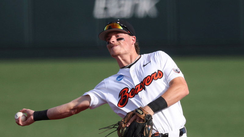 Oregon State infielder Travis Bazzana plays during an NCAA regional baseball game against Tulane on May 31, 2024, in Corvallis. 