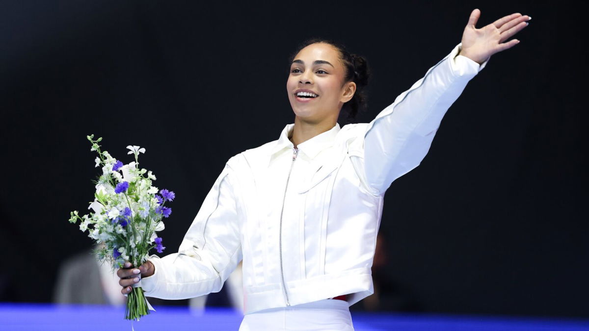 Hezly Rivera reacts after being selected for the 2024 U.S. Olympic Women's gymnastics team during the U.S. Olympic Gymnastics Team Trials at Target Center.