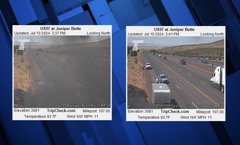 Vehicle fire brush fire Hwy 97 Juniper Butte ODOT TripCheck 7-10