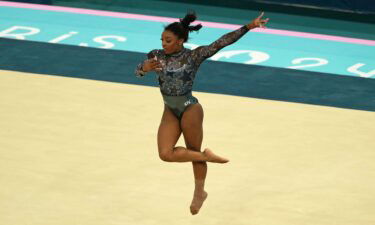Simone Biles of the United States performs on the floor exercise in womenís qualification during the Paris 2024 Olympic Summer Games at Bercy Arena.