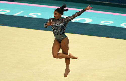 Simone Biles of the United States performs on the floor exercise in womenís qualification during the Paris 2024 Olympic Summer Games at Bercy Arena.