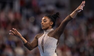 Simone Biles performs her floor routine at the US Gymnastics Championships in Fort Worth