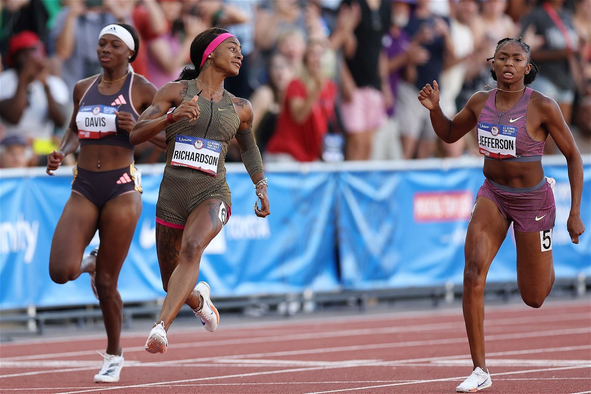 <i>Christian Petersen/Getty Images via CNN Newsource</i><br/>Sha'Carri Richardson crosses the finish line of the women's 100 meter dash final at Hayward Field on June 22.