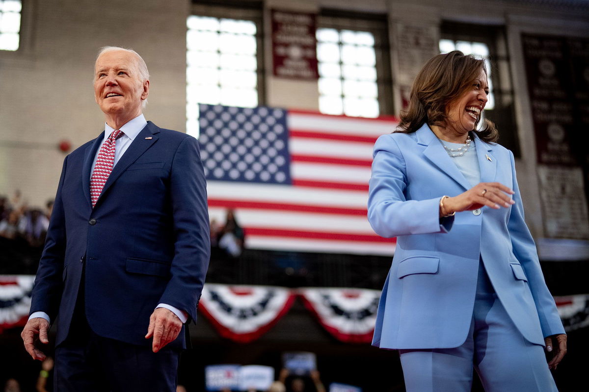 <i>Andrew Harnik/Getty Images via CNN Newsource</i><br/>President Joe Biden and Vice President Kamala Harris take the stage at a campaign rally at Girard College on May 29 in Philadelphia.