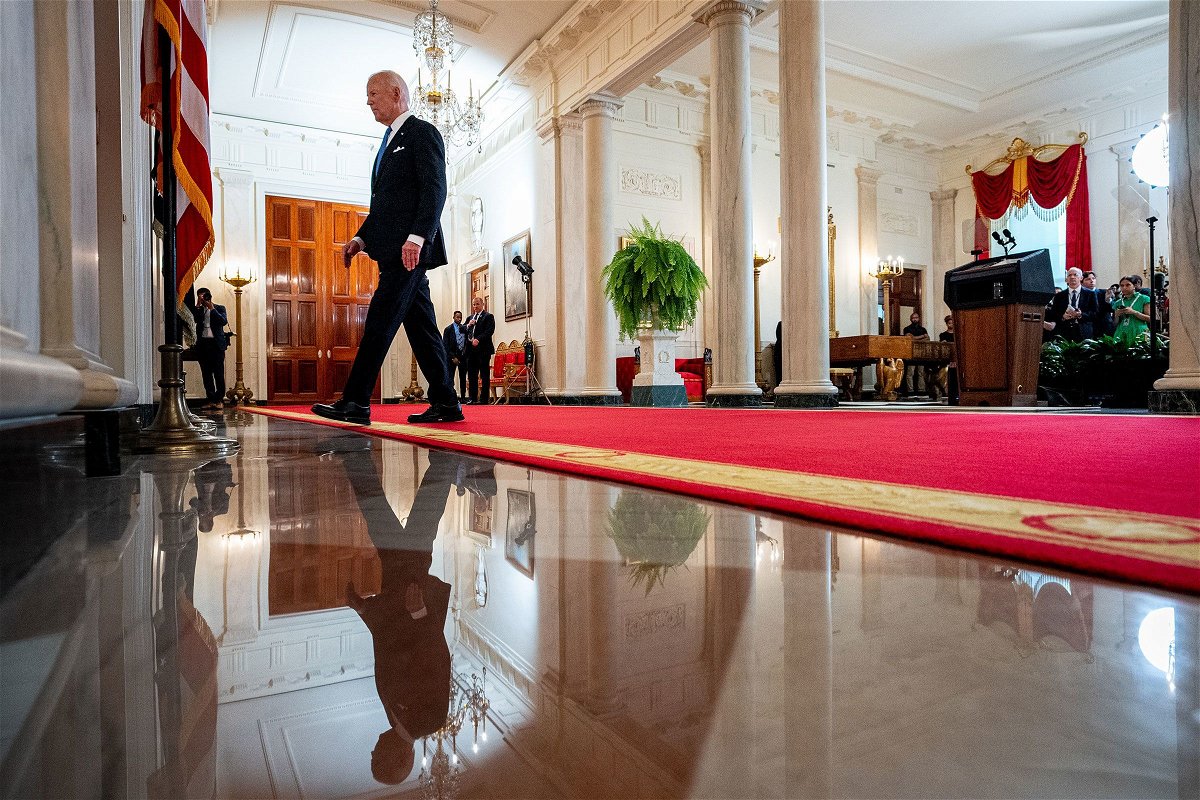 <i>Andrew Harnik/Getty Images via CNN Newsource</i><br/>President Joe Biden departs after speaking to the media at the White House on July 1 in Washington