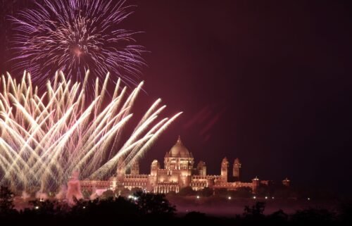 Fireworks explode in the sky over Umaid Bhawan Palace