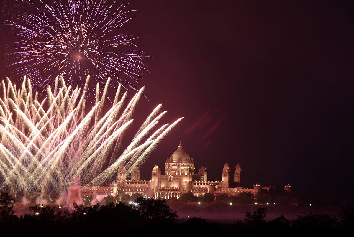 <i>Stringer/Reuters via CNN Newsource</i><br/>Fireworks explode in the sky over Umaid Bhawan Palace