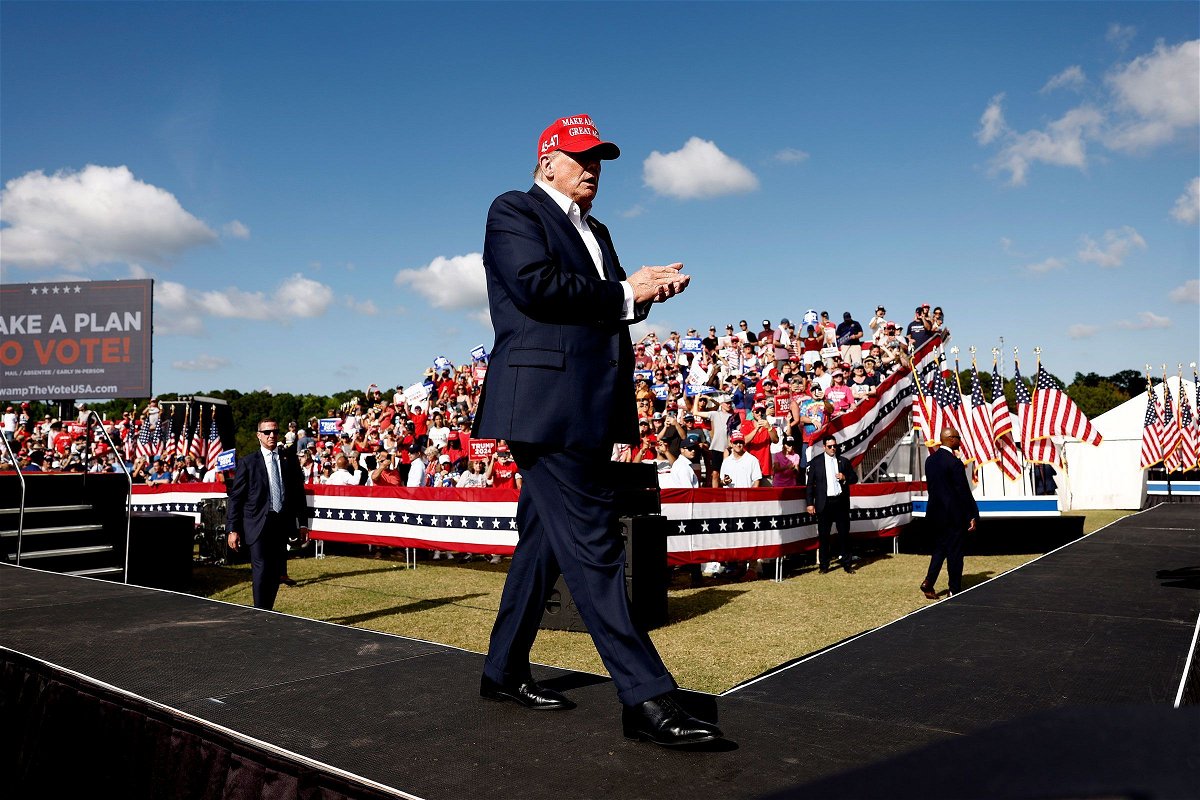 <i>Anna Moneymaker/Getty Images via CNN Newsource</i><br/>Former President Donald Trump walks off stage after speaking at a rally in Chesapeake