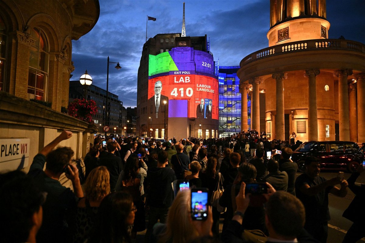 <i>Oli Scarff/AFP/Getty Images via CNN Newsource</i><br/>An exit poll predicting that Keir Starmer's Labour Party will win 410 seats in Britain's general election is projected onto BBC Broadcasting House in London on July 4