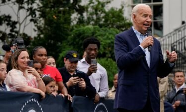 President Joe Biden speaks during a Fourth of July barbecue for active-duty U.S. military members and their families at the White House on July 4.