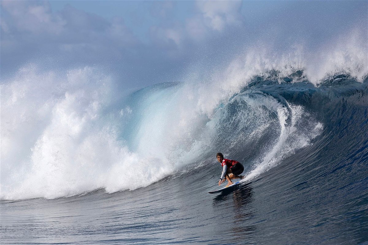 <i>Sean M. Haffey/Getty Images via CNN Newsource</i><br/>Kanoa Igarashi of Japan competes in the quarterfinals of the SHISEIDO Tahiti Pro on May 30