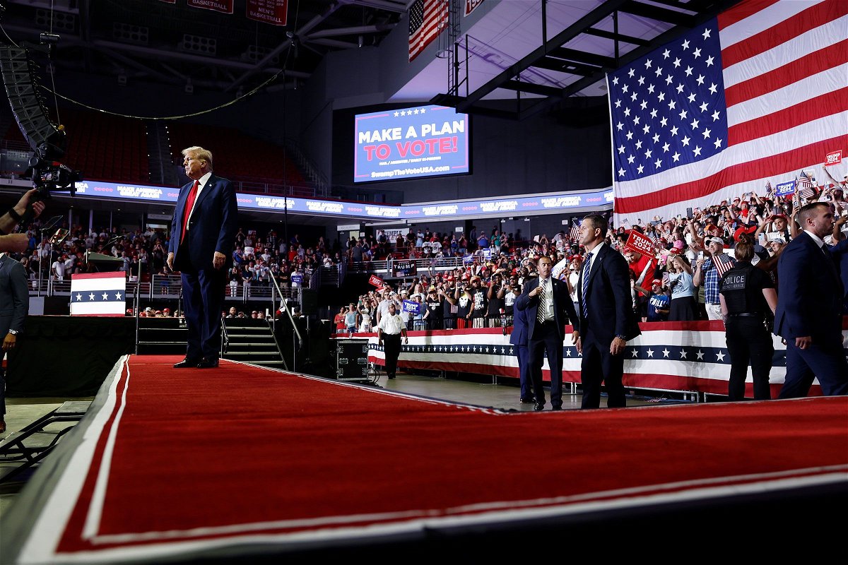 <i>Anna Moneymaker/Getty Images via CNN Newsource</i><br/>Former President Donald Trump walks offstage after speaking at a campaign rally at the Liacouras Center on June 22