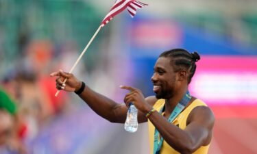 Noah Lyles celebrates after winning the men's 200-meter final during the U.S. Track and Field Olympic Team Trials Saturday