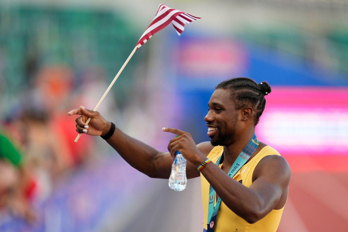 <i>Charlie Neibergall/AP via CNN Newsource</i><br/>Noah Lyles celebrates after winning the men's 200-meter final during the U.S. Track and Field Olympic Team Trials Saturday