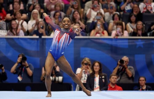 Simone Biles competes in the floor exercise on Day Four of the 2024 U.S. Olympic Team Gymnastics Trials at Target Center on June 30 in Minneapolis
