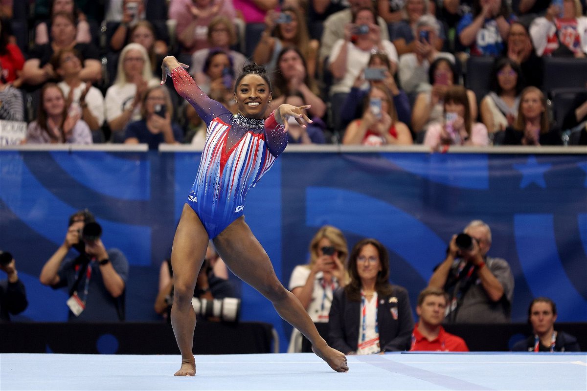 <i>Jamie Squire/Getty Images via CNN Newsource</i><br/>Simone Biles competes in the floor exercise on Day Four of the 2024 U.S. Olympic Team Gymnastics Trials at Target Center on June 30 in Minneapolis