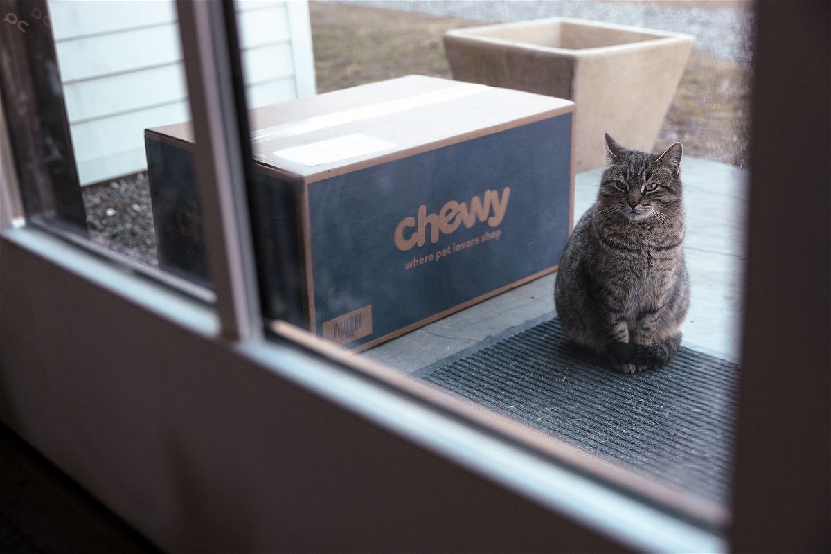 <i>Angus Mordant/Bloomberg/Getty Images via CNN Newsource</i><br/>A cat sits next to a Chewy shipping box arranged outside a house in Germantown