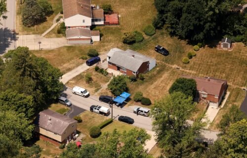 An aerial view shows law enforcement members at the home of Thomas Matthew Crooks in Bethel Park