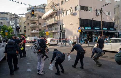 Israeli police investigate after a drone attack in Tel Aviv on Friday