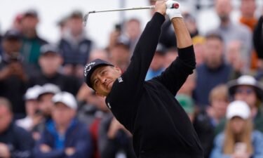Xander Schauffele hits his tee shot on the 17th hole during the final round of the 2024 Open Championship in Troon