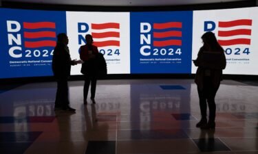 The logo for the Democratic National Convention is displayed at the United Center during a media walkthrough on January 18 in Chicago.