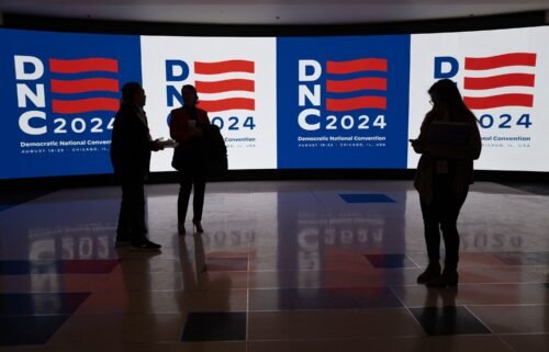 The logo for the Democratic National Convention is displayed at the United Center during a media walkthrough on January 18 in Chicago.