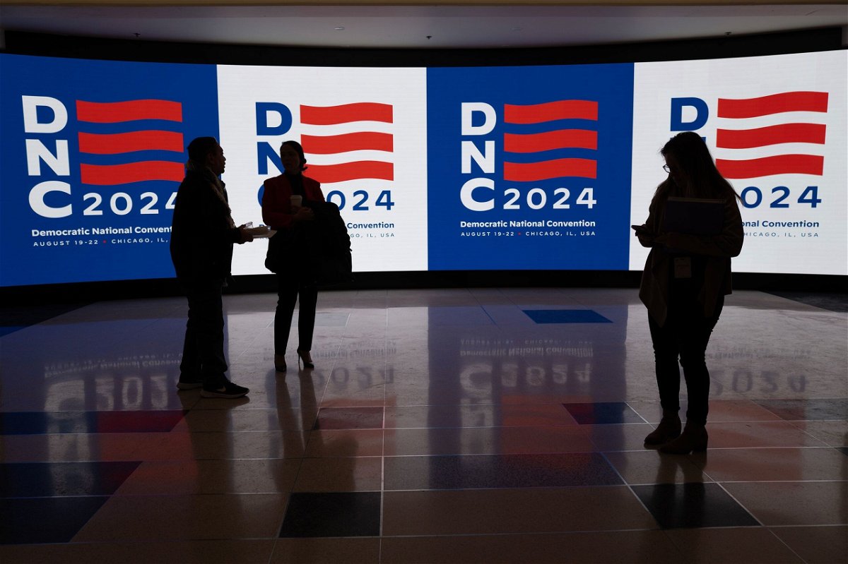 <i>Scott Olson/Getty Images via CNN Newsource</i><br/>The logo for the Democratic National Convention is displayed at the United Center during a media walkthrough on January 18 in Chicago.