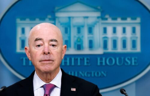 Homeland Security Secretary Alejandro Mayorkas is pictured during a press briefing in Washington
