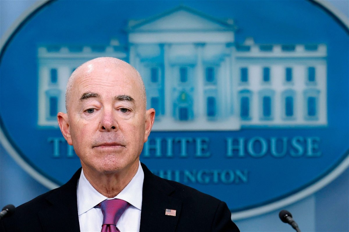 <i>Kevin Dietsch/Getty Images/File via CNN Newsource</i><br/>Homeland Security Secretary Alejandro Mayorkas is pictured during a press briefing in Washington