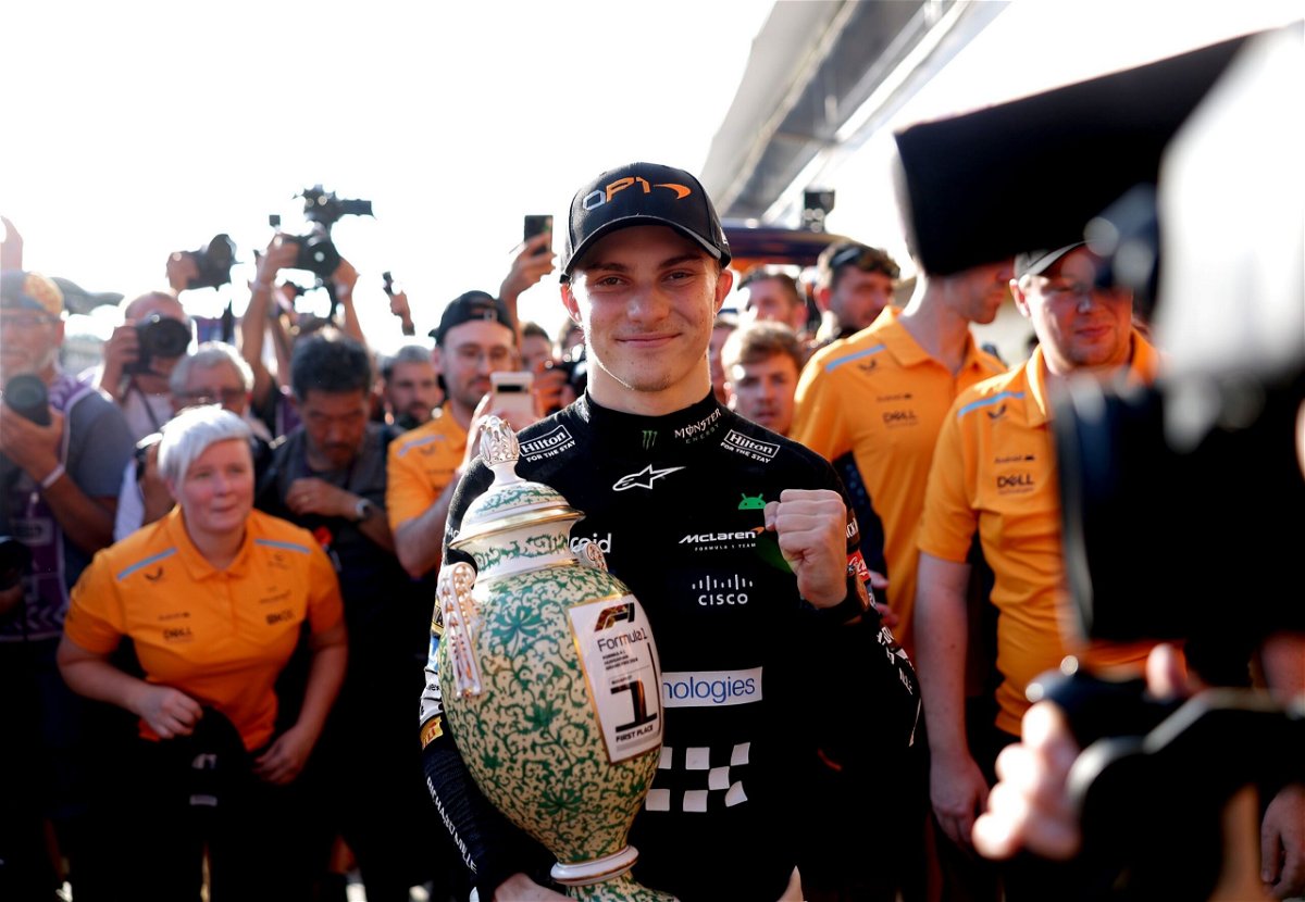 <i>Dean Mouhtaropoulos/Getty Images via CNN Newsource</i><br/>Oscar Piastri celebrates his first F1 Grand Prix victory.