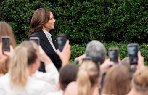 Vice President Kamala Harris arrives to speak from the South Lawn of the White House in Washington