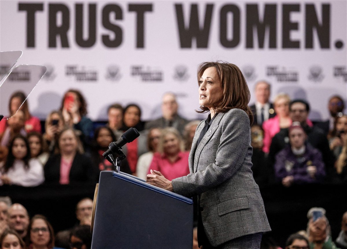 <i>Tannen Maury/AFP/Getty Images/File via CNN Newsource</i><br/>Vice President Kamala Harris speaks at her Fight for Reproductive Freedoms Tour at the International Union of Painters and Allied Trades District Council 7 in Big Bend