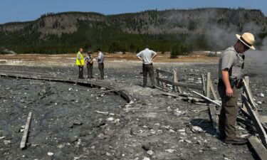 The boardwalk near the Sapphire Pool in Yellowstone Park was damaged by an explosion on July 23.