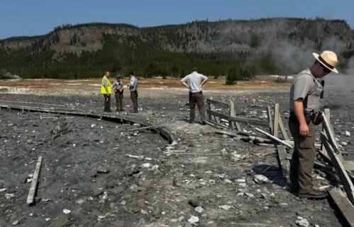 The boardwalk near the Sapphire Pool in Yellowstone Park was damaged by an explosion on July 23.