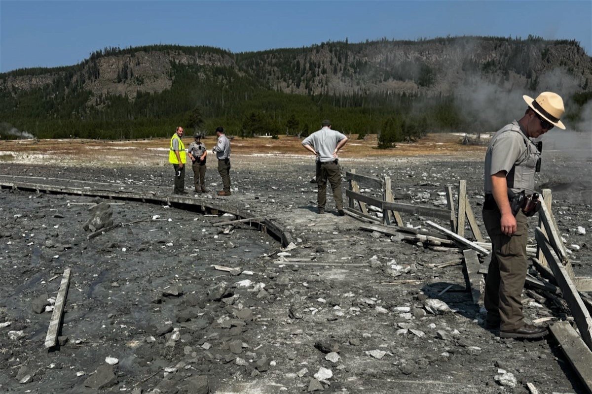 <i>National Park Service via CNN Newsource</i><br/>The boardwalk near the Sapphire Pool in Yellowstone Park was damaged by an explosion on July 23.